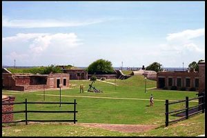 A view of the interior of Fort Gaines. The brick buildings are part of the original post, serving as barracks, kitchen facilities, and the other needs of the post.